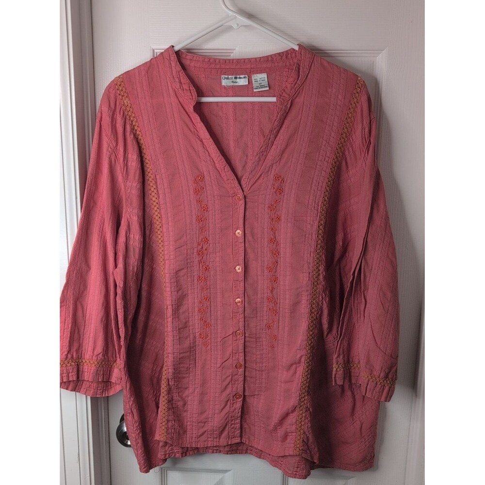 Quizz Woman's 100% Cotton Peachy Pink Button-Front Embroidered Tunic Size 22